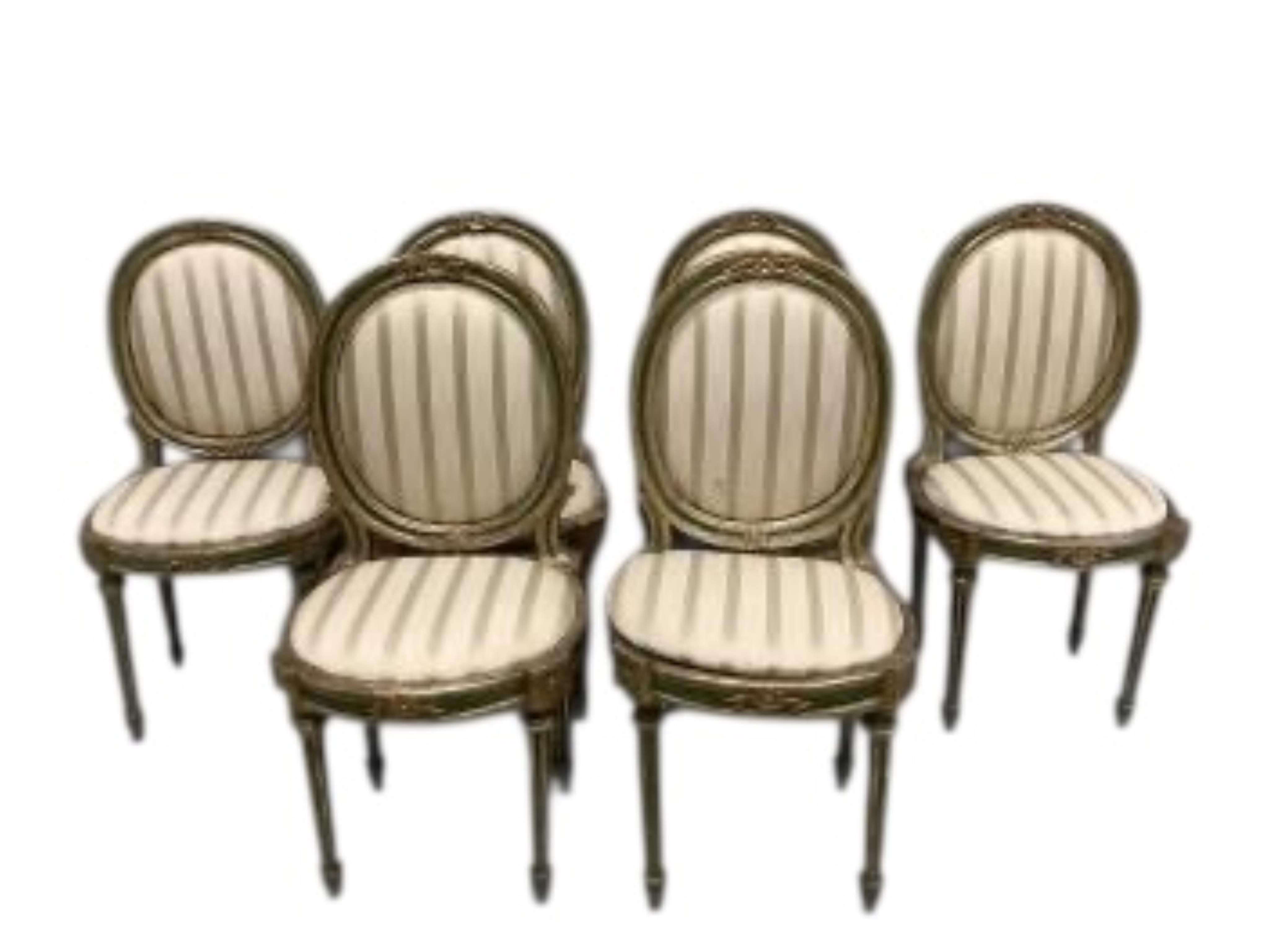 A set of six early 19th century Venetian painted, silvered parcel gilt side chairs, width 44cm, depth 40cm, height 99cm, Provenance: ex Lot 424, Christies European, Noble and Private Collections, 2 October 2013.